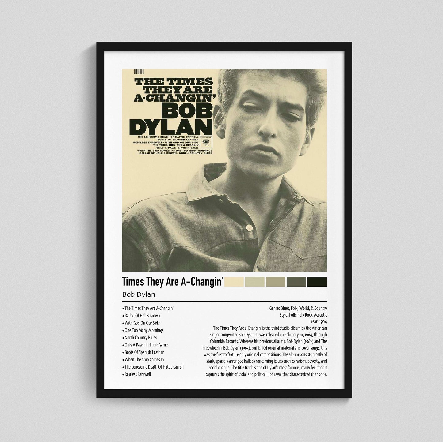 Bob Dylan | Times They Are A-Changin' | Custom Album Cover Poster Print