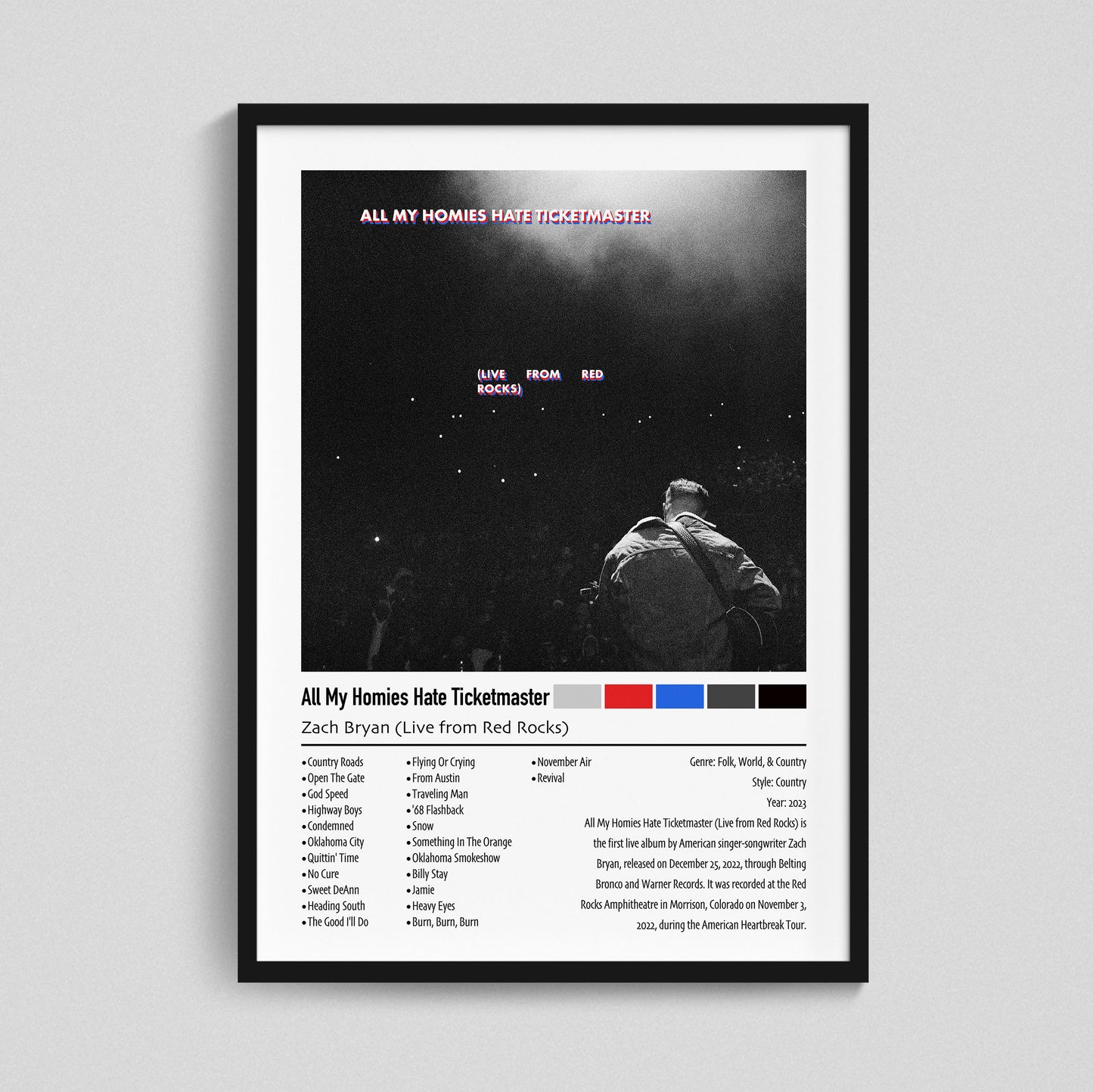 Zach Bryan (Live From Red Rocks) | All My Homies Hate Ticketmaster | Custom Album Cover Poster Print