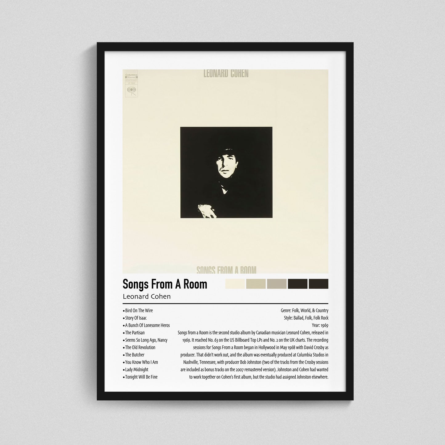 Leonard Cohen | Songs From A Room | Custom Album Cover Poster Print
